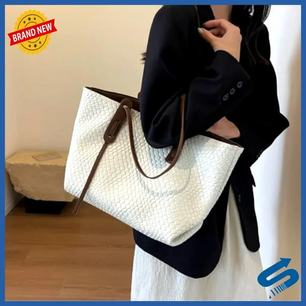 Large Woven Leather Tote Shoulder Bag Elegant Classic Work Satchel Handbag